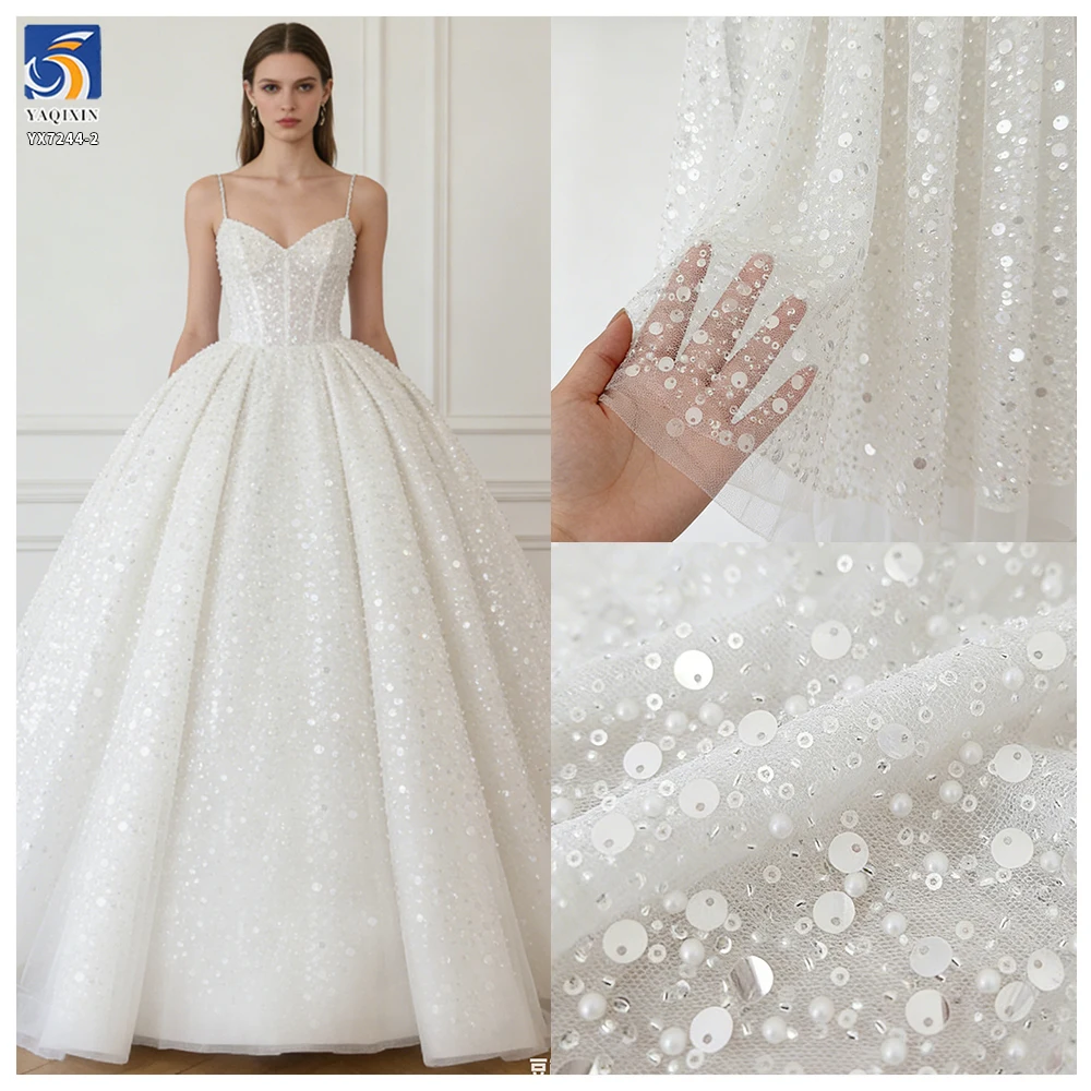 Hot Sale Diamond Crystal White Glitter 3D Beaded Lace Fabric Shiny Sequin Lace Fabric for Wedding Dress - 图片 2