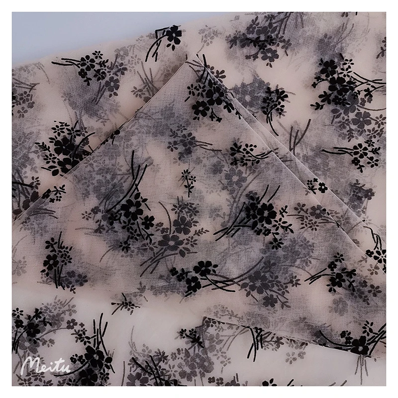 ZRT006 Fashion Fairy Style Black Floral Design Flocking Tulle Fabric Polyester Flocked Floral Mesh Fabric for Dress - 图片 4