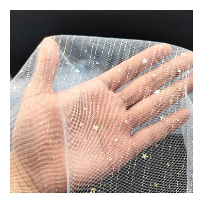 Lace Fabric Sky Blue Mesh Glitter Tulle Lace Fabric with Colorful Shooting Star for Baby Tutu Dress Fabric - 图片 4