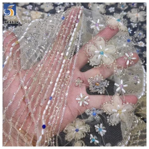 YX497 Wedding Beige Knitted Mesh Lace Fabric Beaded Tube Sequin Floral Embroidered Mesh Tulle Net Fabric