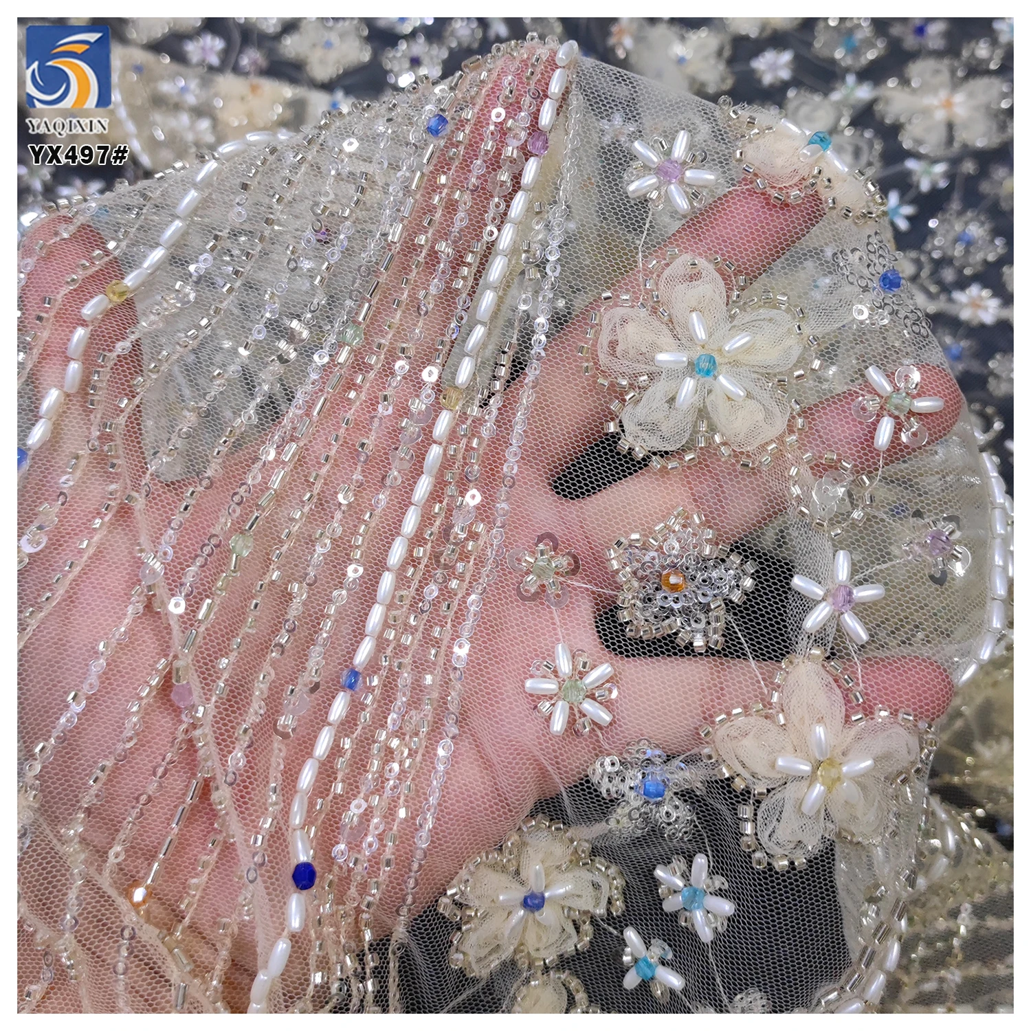 YX497 Wedding Beige Knitted Mesh Lace Fabric Beaded Tube Sequin Floral Embroidered Mesh Tulle Net Fabric