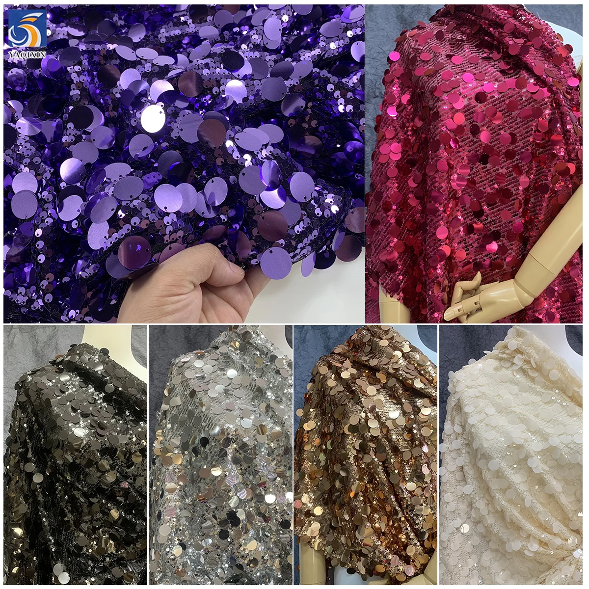 YX450 Wedding Stage Dress 5MM Overlapping Sequins Mesh Embroidery Fabric New 18MM Large Silver Sequin Fabric - 图片 3