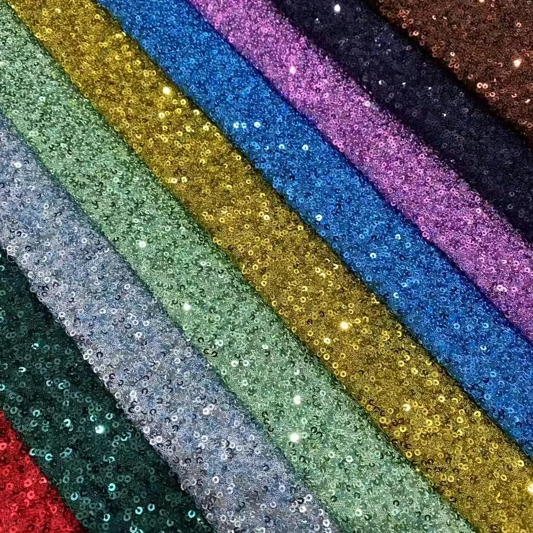 2026 Stretch Mesh Knitted Dense Shiny Glitter 5MM Sequins Fabric Embroidered Sequin Stretch Fabric