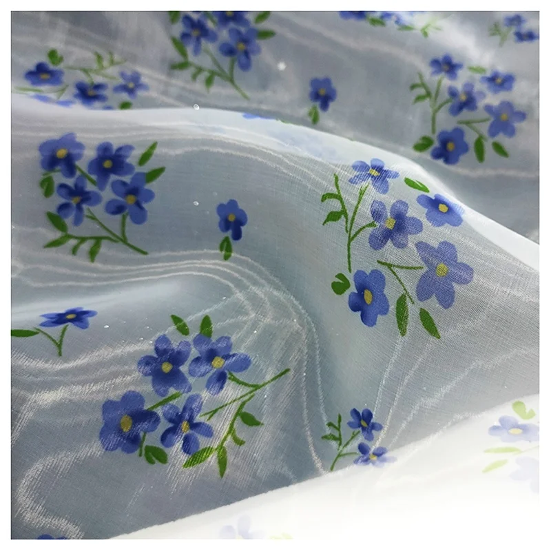 YX2038 Organza Digital Print Fashion Flower for Making Dress Silk Printed Lace Edged Organza Fabric - 图片 5