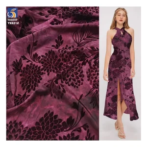 YX621 Dark Wine Red Ice Silk Tie Dyed High Stretch Fabric Spandex Chinese Flowers Flocking Fabric for Women Dress