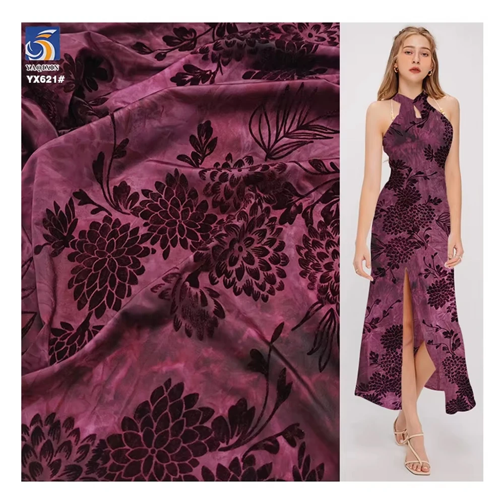YX621 Dark Wine Red Ice Silk Tie Dyed High Stretch Fabric Spandex Chinese Flowers Flocking Fabric for Women Dress