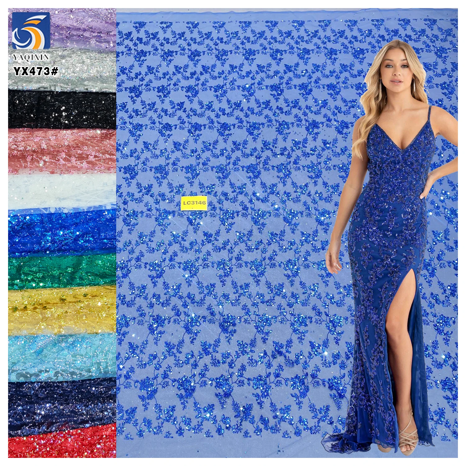YX473 Noble Design Polyester Soft Mesh Tulle Fabric With Glitter Sequin Sapphire Blue Glitter French Tulle Fabric