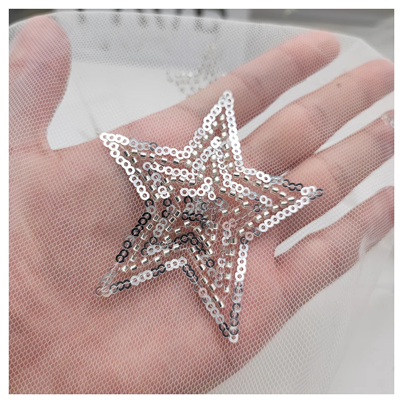 Classic Custom Black/White Tulle Silver Stars Sequins Net Fabrics - 图片 4