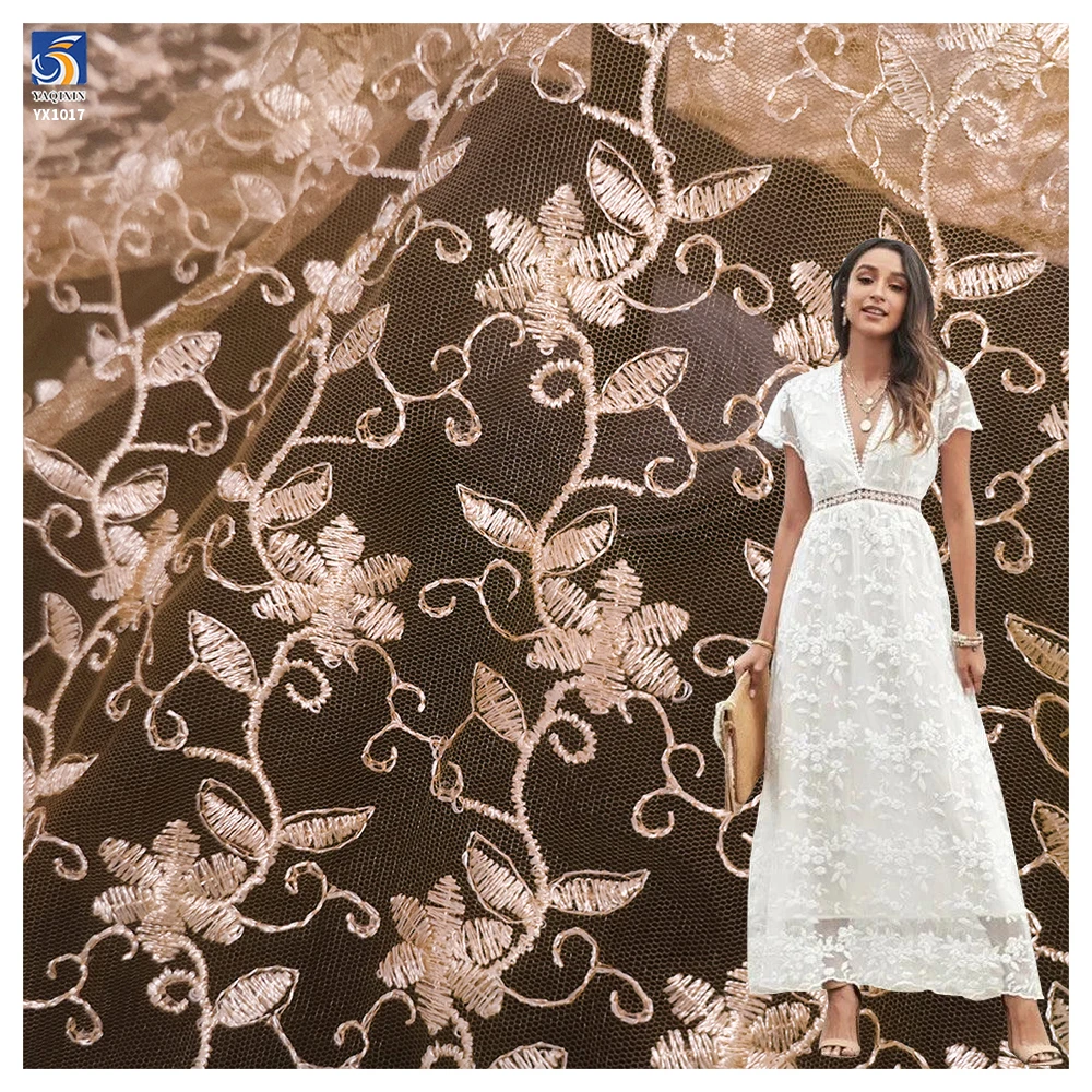 YX1017 Light Apricot Polyester Embroidered Florals Chinese Tulle Fabrics 3-Day Custom Embroidered Mesh Fabrics by 300 Yards