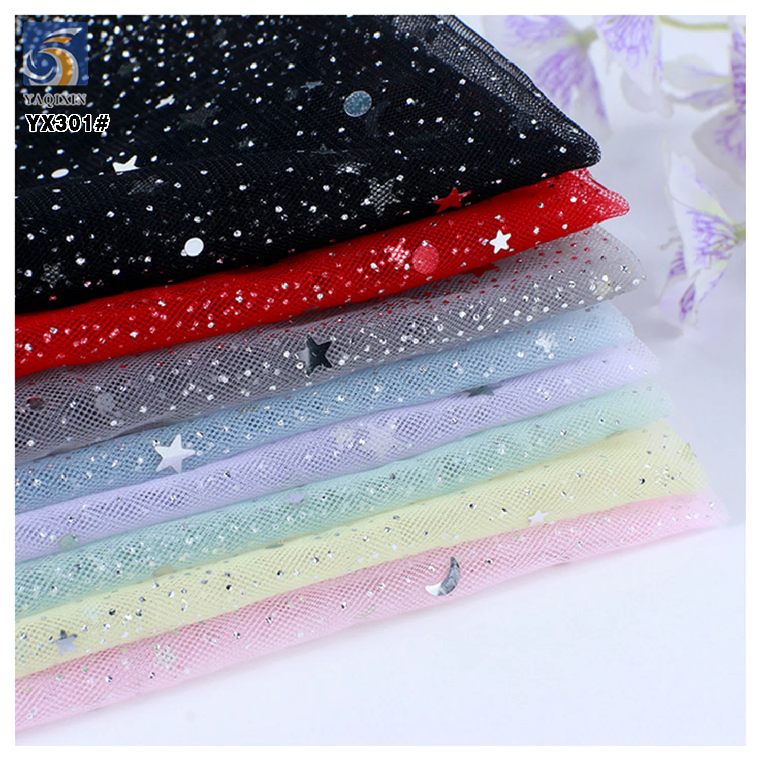YX301 New Arrivals Star Sequins Embroidery Soft Tulle Moon Star Sequined Mesh Tulle Fabric Skirt Women's Clothing Fabric - 图片 3