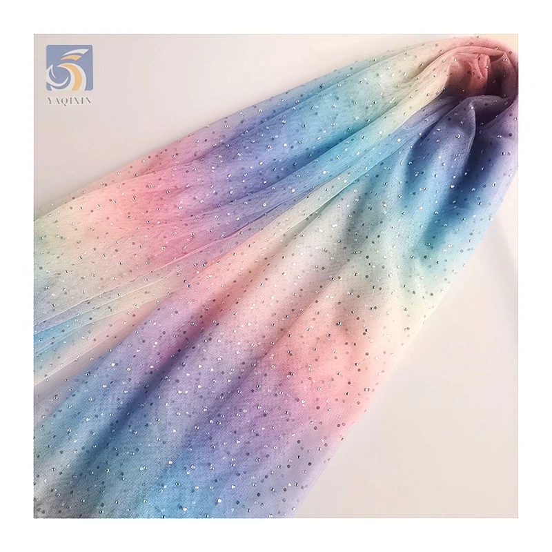YX2691 Ready Stock Multi-Color Rainbow Digital Printing Ombre Rhinestone Tulle Fabric Mesh With 3D Beads - 图片 4