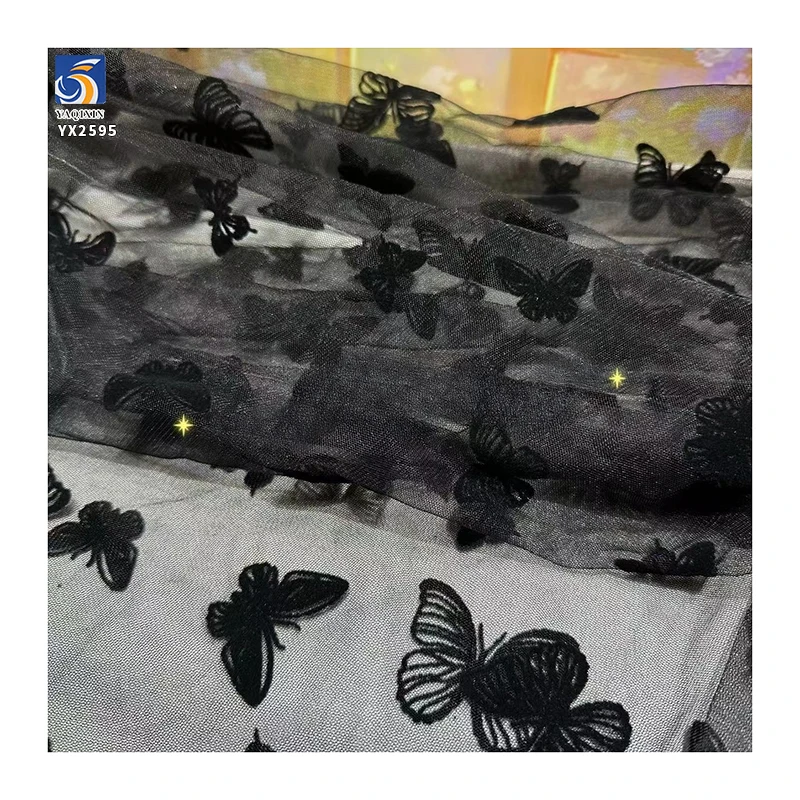 New Trends Tulle Dress Curtain Fabric Flocking Black Butterfly Mesh Fabric New Fashion Tulle for Woman