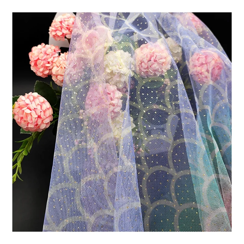 KT17 Digitally Printed Tulle Fabric Fish Scale Color Printing Mesh Fabric Tulle with Gold Glitter Dot - 图片 6