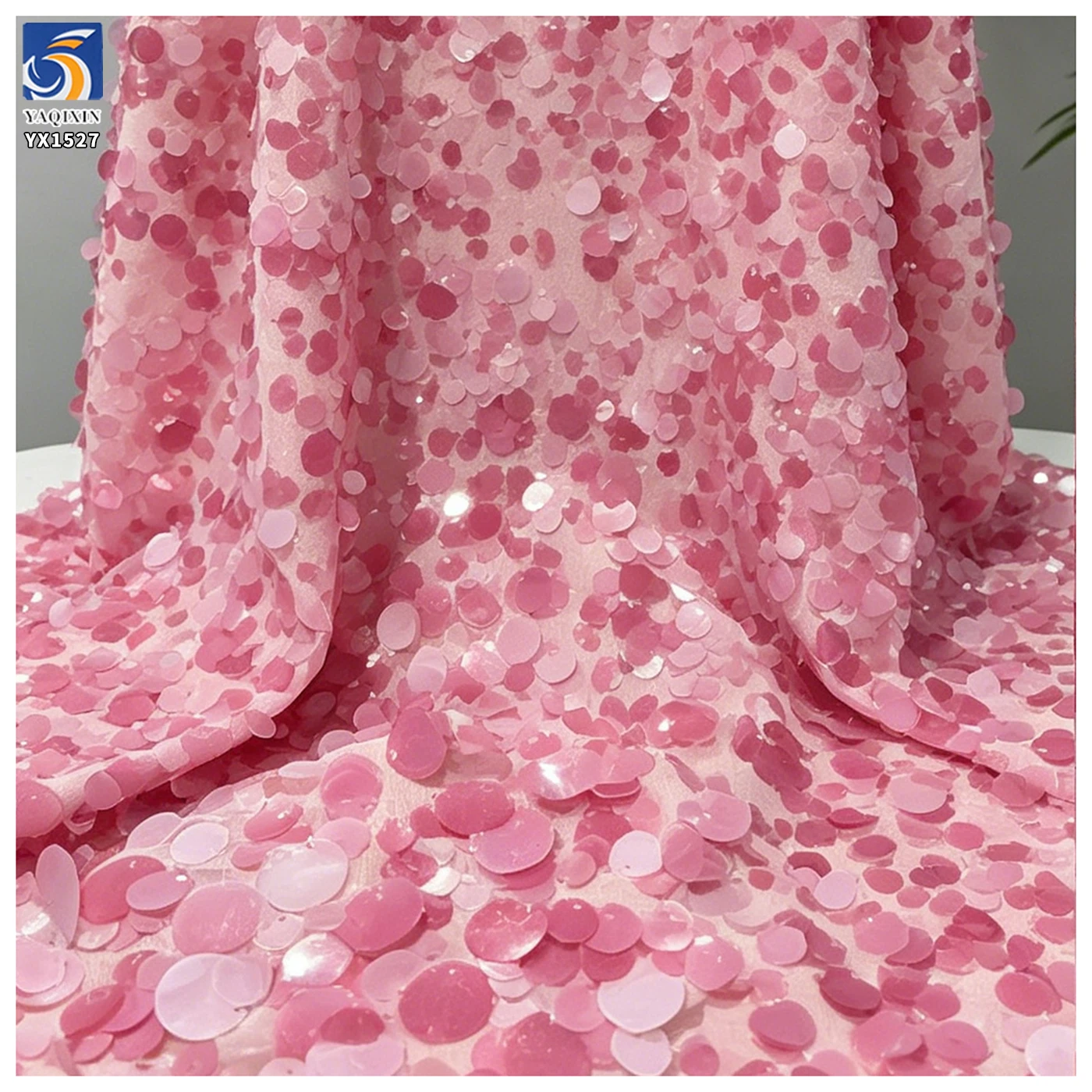YX1527 Two Tone 15mm Sequin Embroidery 3D Round Sequin Chiffon Fabric With 1mm Detail for Garment Making - 图片 5