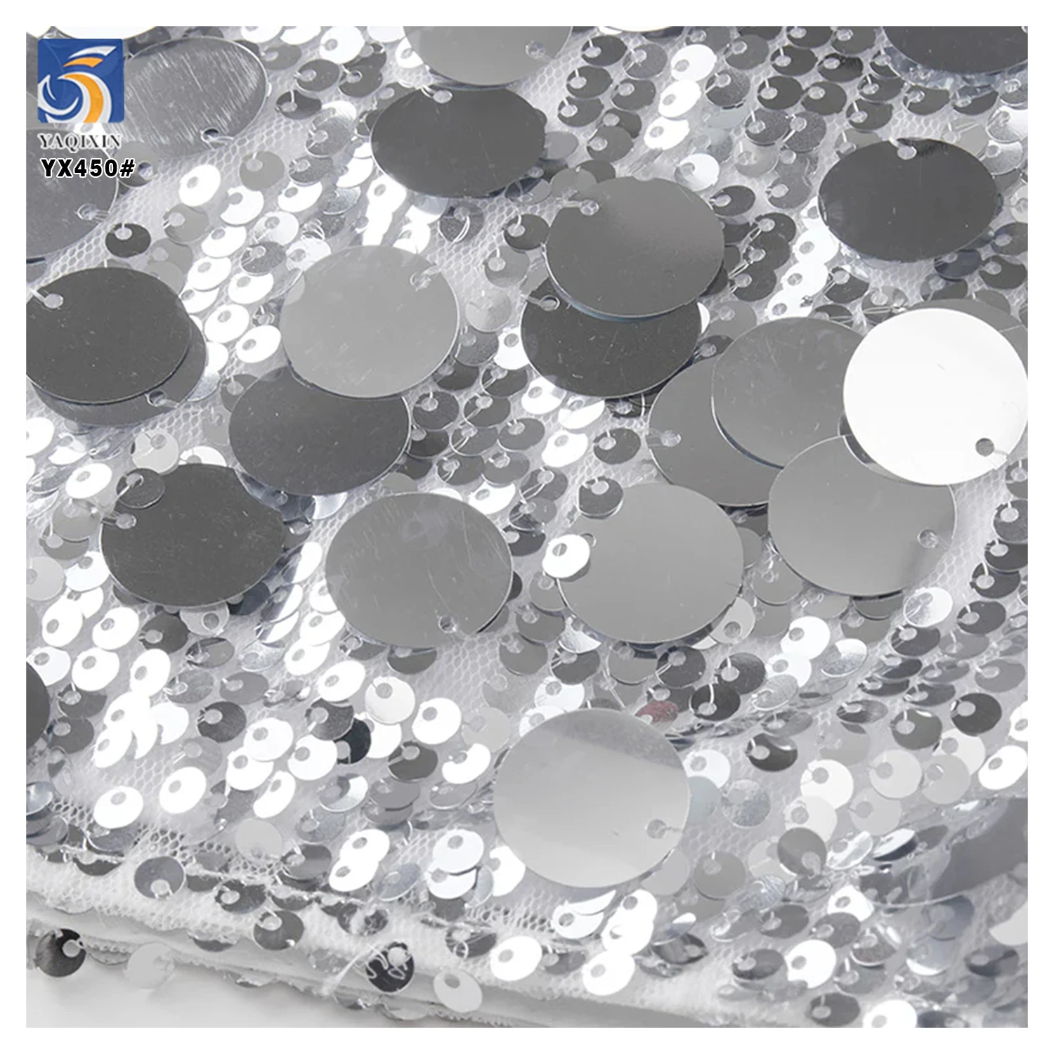 YX450 Wedding Stage Dress 5MM Overlapping Sequins Mesh Embroidery Fabric New 18MM Large Silver Sequin Fabric - 图片 5