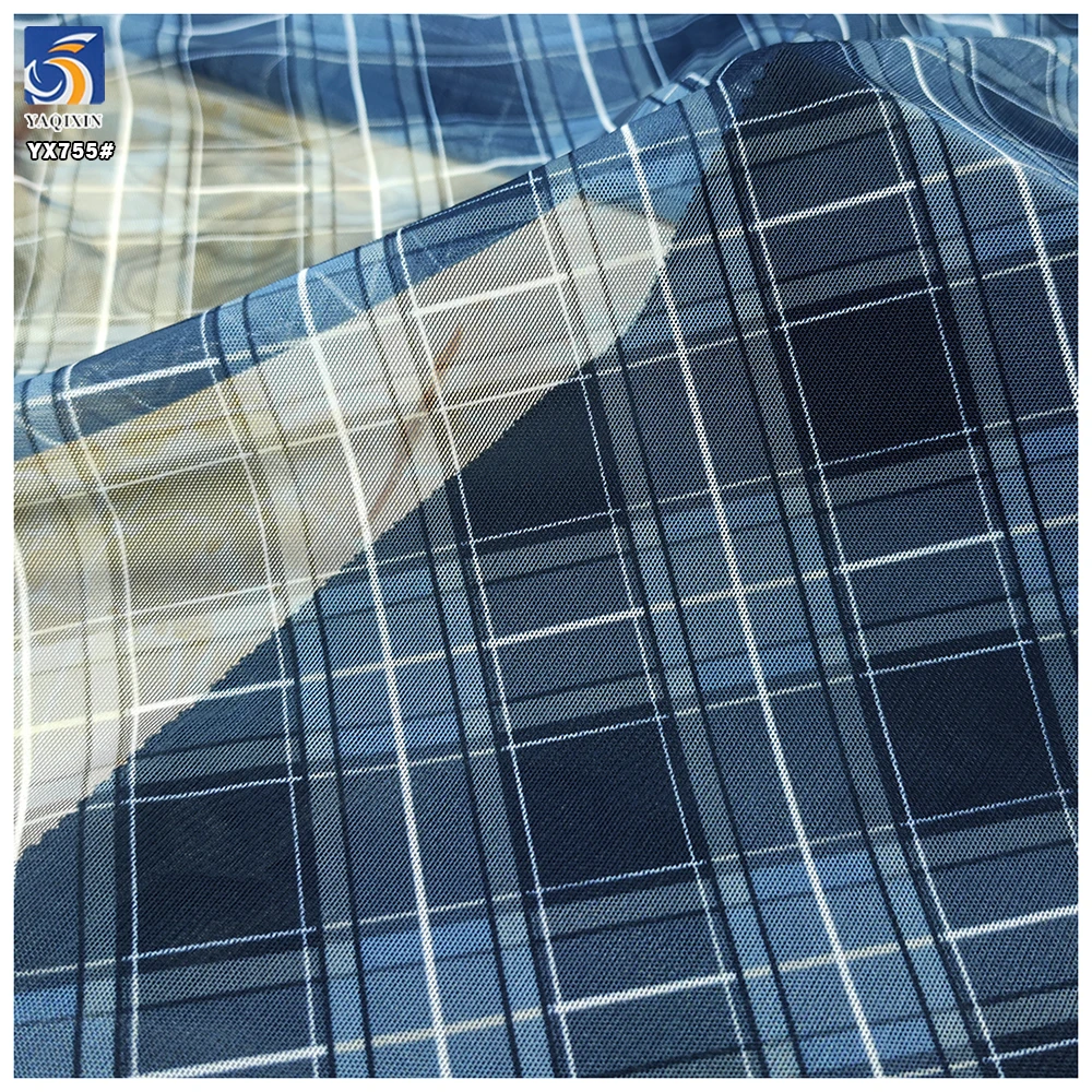 YX755 Casual Skirt Dark Blue Gradient Digital Printed Plaid Tulle Fabric 100% Polyester Soft Checked Tulle Mesh Fabric - 图片 5