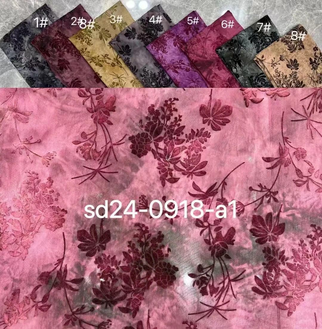 YX635 Wholesale Prices Pink Rose Flowers Flocked Spandex Stretch Fabric Knit for Chinese Catwalk Dress - 图片 5