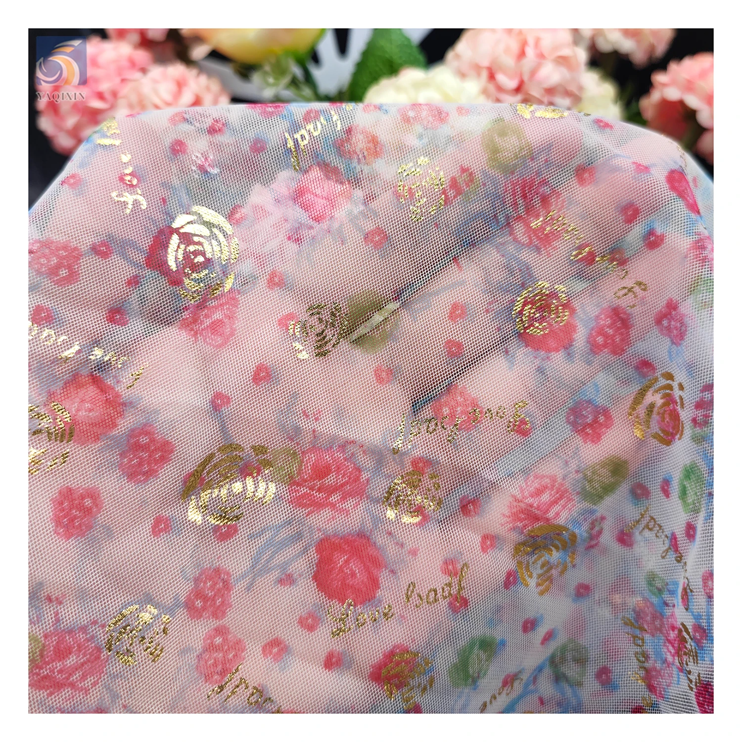 KT20 New Fashion Glitter Rose Flower Gold Printed Tulle Mesh Fabric with Digital Print Floral Tulle - 图片 5