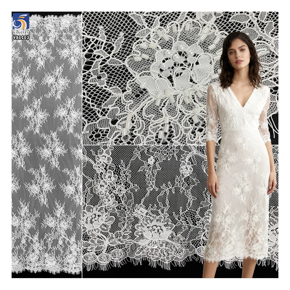 YX1103 Hot Selling American Italian Lace Fabric 2026 Online Sales Heavy Wedding Eyelash Lace Fabric With 3D Pearls Beads