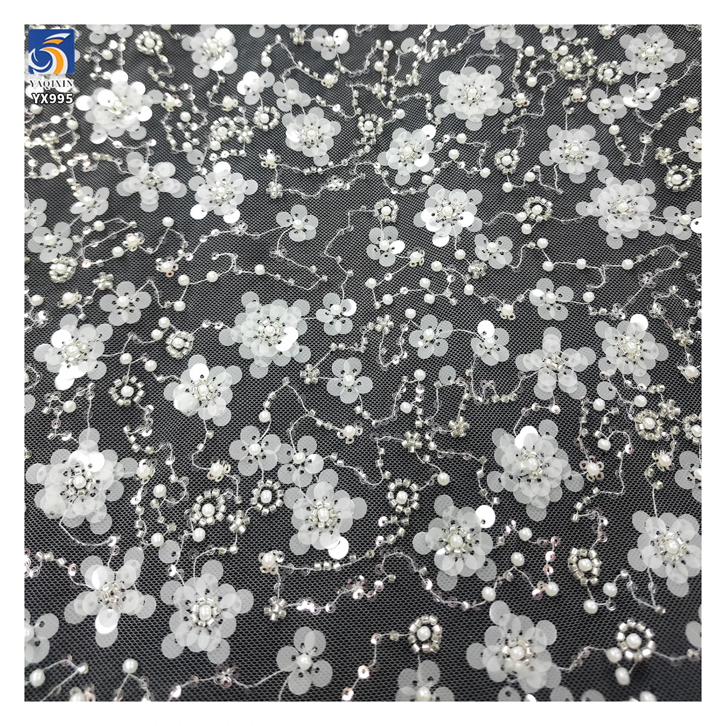 YX995 Ceramic White Sequins Lace Fabric for French Wedding Heavy-duty High-quality Florals Sequin Embroidery Lace Fabric - 图片 3