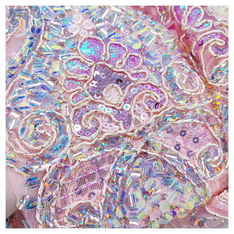 YX2213 Handmade Embroidered Classic Vintage Sequins Nigerian Lace Fabric for Traditional Apparel Dress - 图片 3