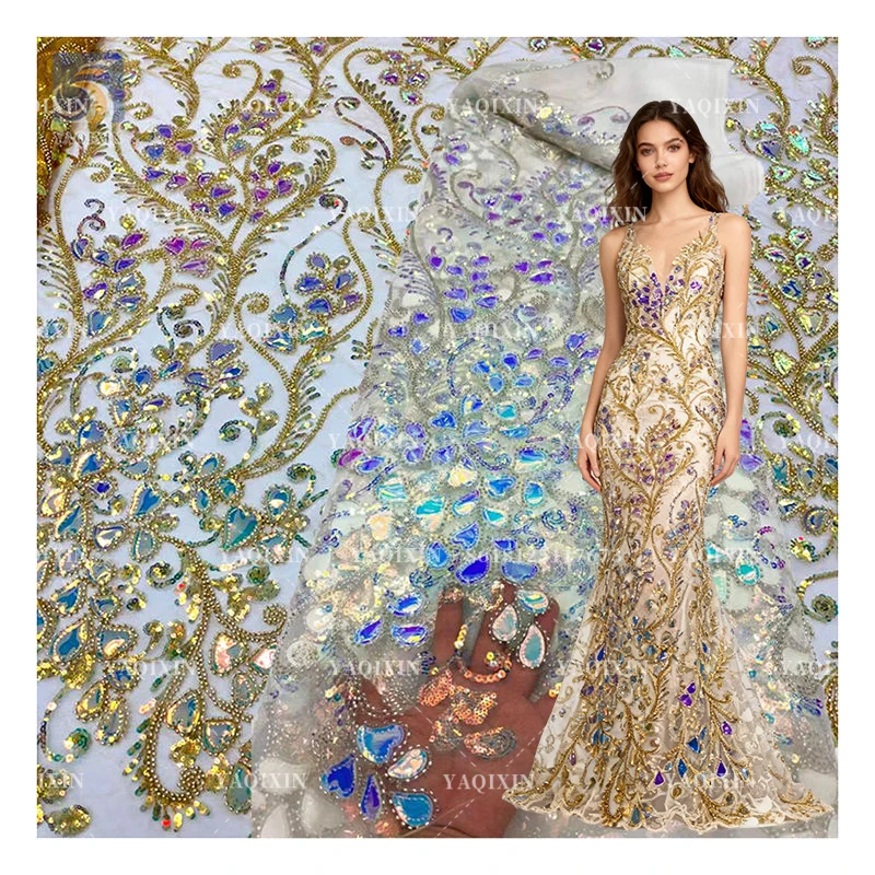 2025 Latest Textile Colorful Crystal Sequins Luxury Lace Fabric Expensive Lace Fabric for Women Wedding Dress for Party