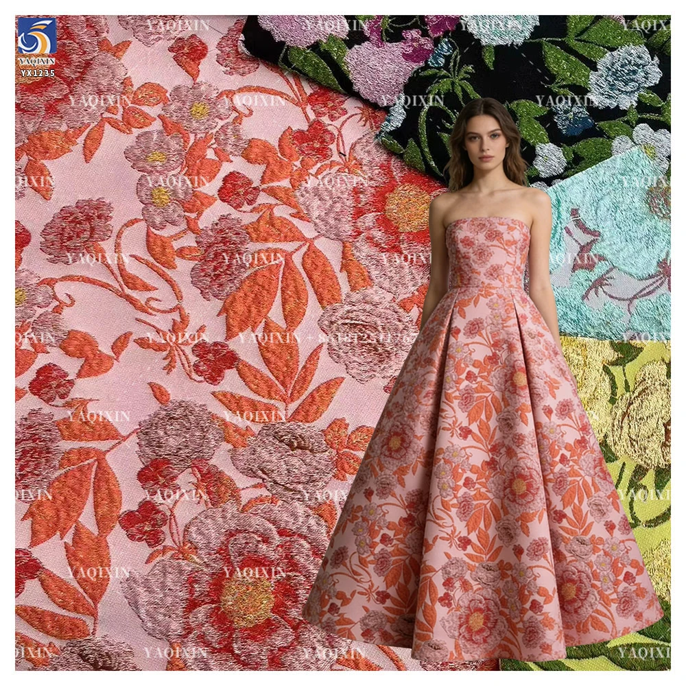 YX1235 Popular 220gsm Brocade Satin Jacquard Upholstery Fabric Green 3D Florals Embossed Yarn-Dyed Gold Brocade Fabric