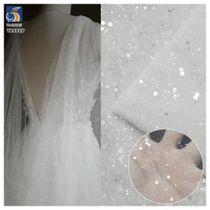 YX464 Hot Selling Polyester Transparent Sequin Tulle Mesh Fabric for Wedding Dress Soft Glitter Tulle White Fabric