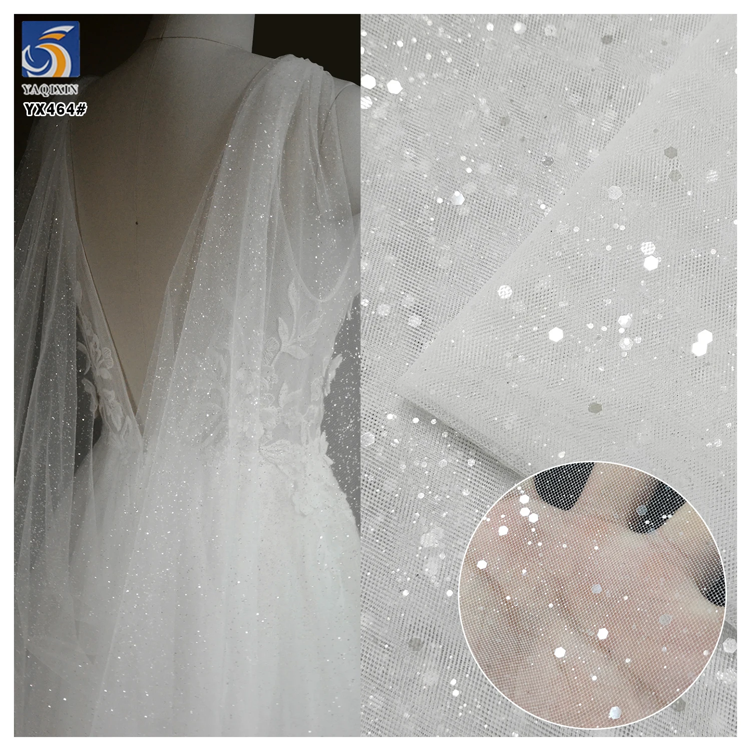 YX464 Hot Selling Polyester Transparent Sequin Tulle Mesh Fabric for Wedding Dress Soft Glitter Tulle White Fabric