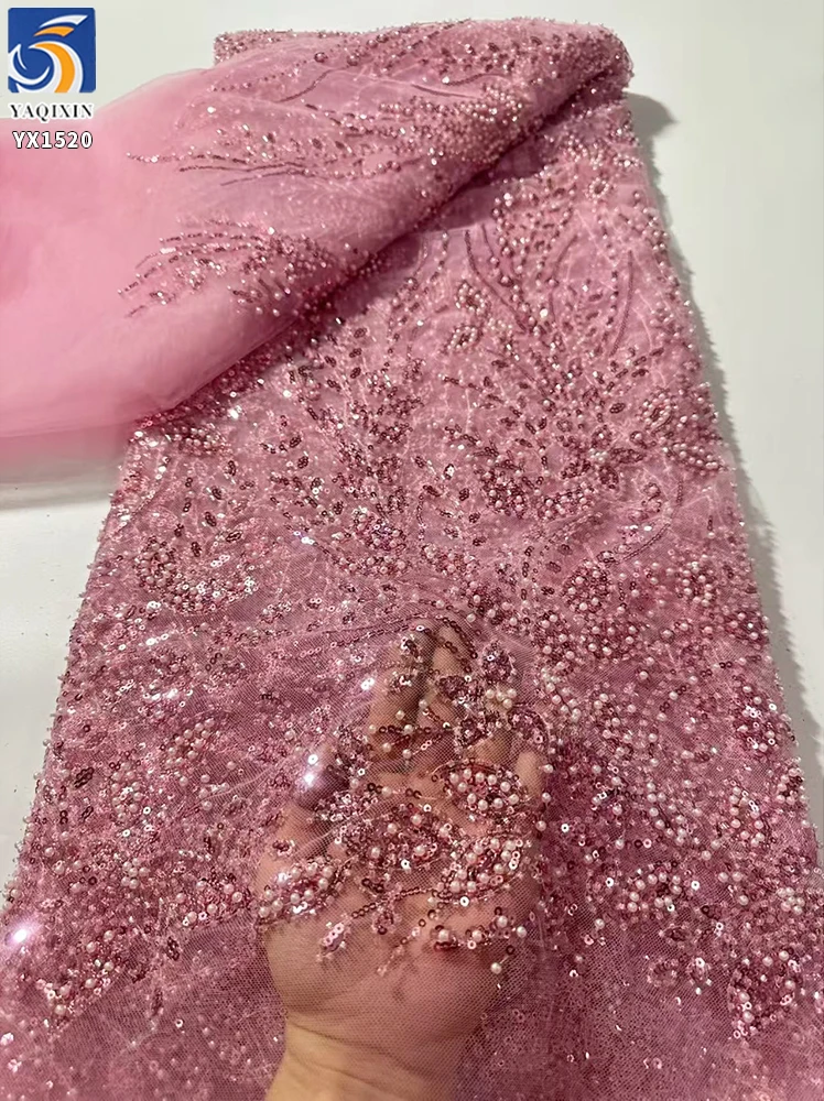 YX1520 2026 Vine Pattern Purple Tulle 3D Beaded Embroidery Lace Fabric With Raised Beads and Sparkle Sequins - 图片 3