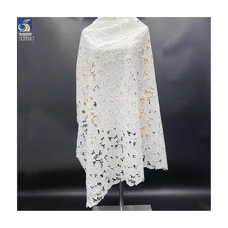 YX551 2025 Custom Dyed White Lotus Leaf Embroidered Fabric 100% Polyester Milk Silk Lace Embroidery Fabric