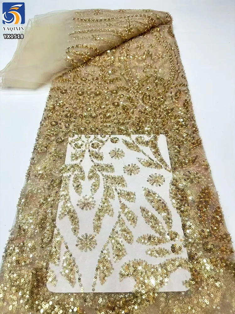 YX1518 140cm 300gsm China Factory Supplier Gold Pattern Sequin Beaded Mesh Lace Fabric for Bridal Gown - 图片 3