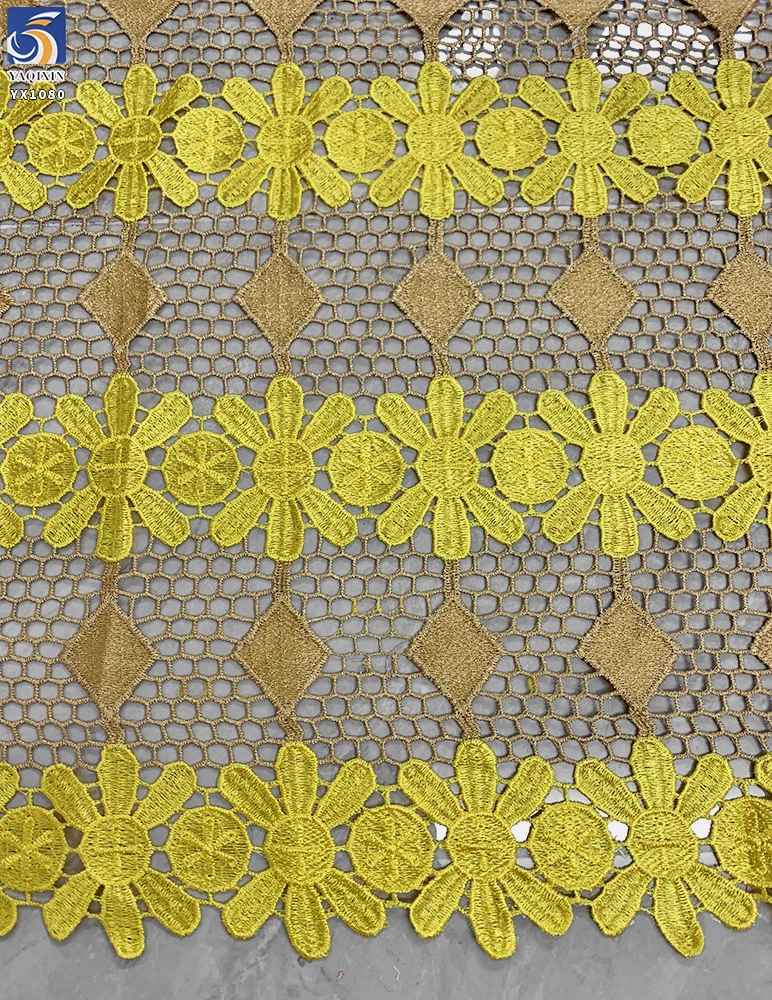 YX1080 Summer Sunflowers Yellow Embroidery Net Lace Fabric African Rich Bazin Ethnic Embroidery Water-Soluble Lace Fabrics - 图片 6