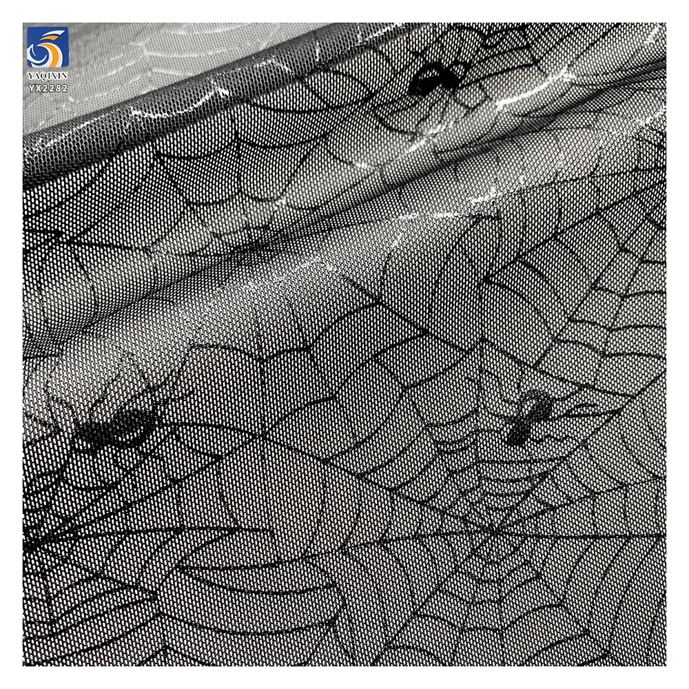 YX2282 Purple 4 Way Stretch Spandex Nylon Power Net Mesh Fabric Printed Glitter Spider Web Mesh Halloween Clothing Fabric - 图片 4