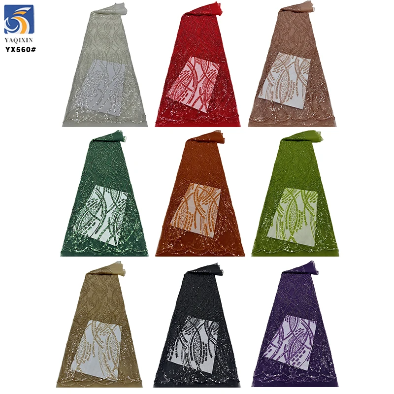 YX560 African Sequin Nigerian Lace Fabric 2025 Glittering Metallic Sequined Lace Fabric for Dance Dresses - 图片 3