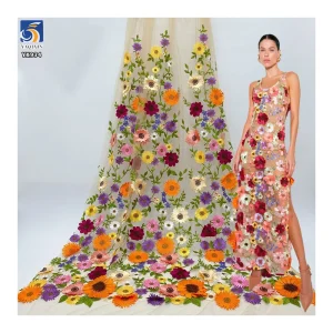 YX934 2026 Three-Dimensional Yarn-Dyed Chrysanthemum Embroidery Fabric Colorful Big Flowers Tulle Mesh 3D Embroidery Fabric