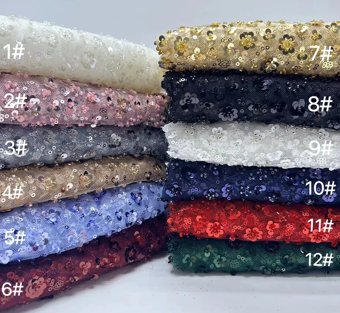 YX2379 Gold Beaded Sequin Mesh Embroidery Tulle Lace Fabric Polyester Floral Design 3mm Shiny Sequin Embroidery Fabric - 图片 6