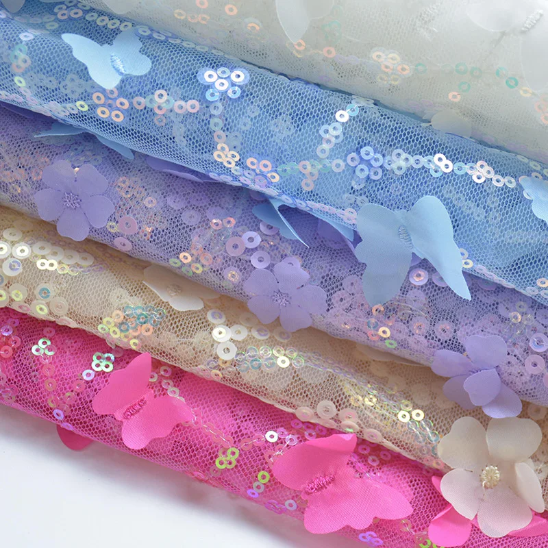 Hot Selling 3D Butterfly Embroidery Lace Fabric with Sequins Sheer Tulle Embroidered Fabric for Wedding Gown & Dresses - 图片 5