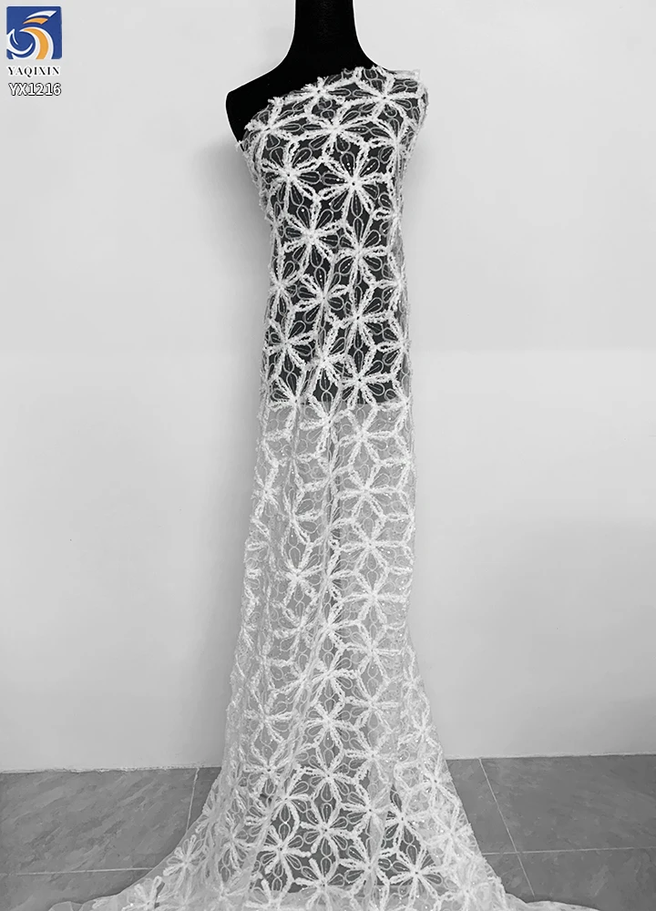 YX1216 American Summer Knitted Embroidery Flowers Fabric Mesh Crochet Rope Lace Fabric With Sequins for Women Dress - 图片 6