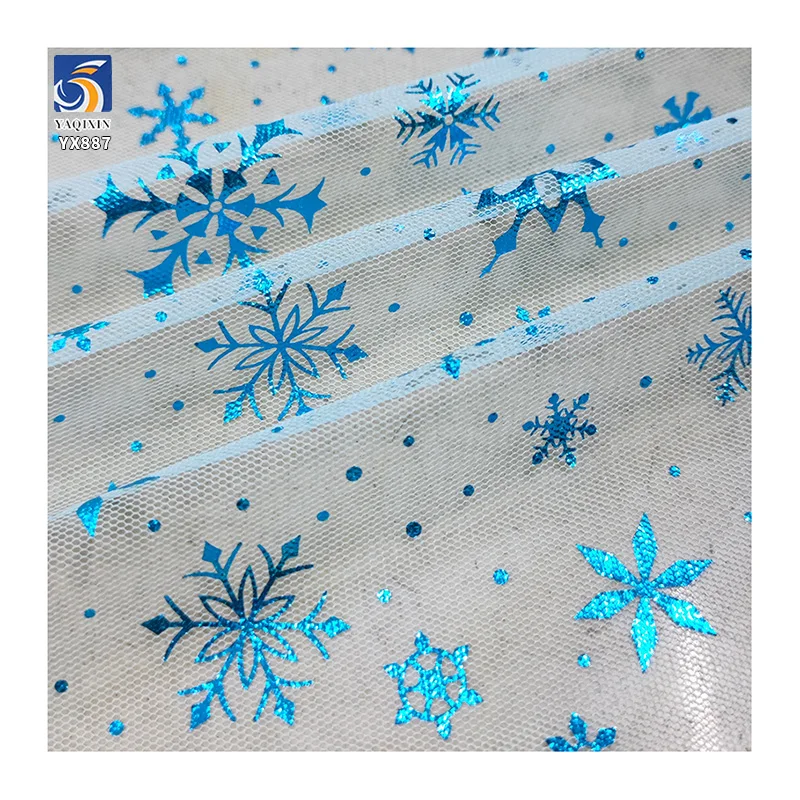 YX887 100% Polyester Silvery White Snowflake Printed Fabric Frozen Mesh Elsa Princess Dress Children's Dress Blue Tulle Fabric - 图片 4
