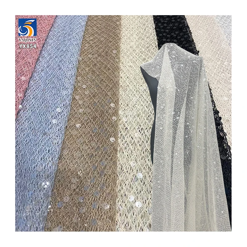 YX854 300gsm Apricot 100% Polyester Diamond Net Mesh Fabric with 5cm Sequins for Bridal Dress Veil Bag Fabric Knitting - 图片 4