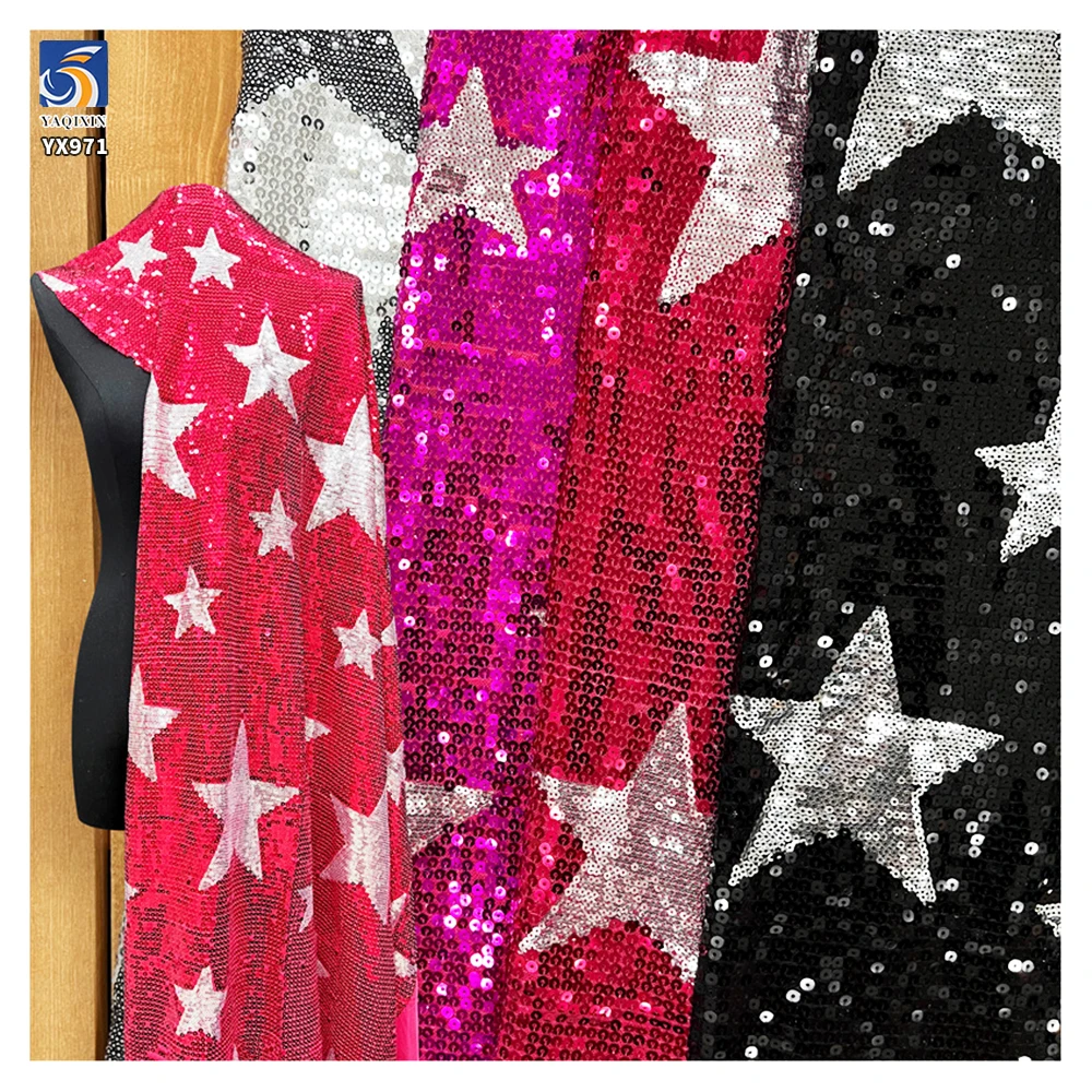 YX971 130cm Large Five-Pointed Star Pattern Sequin Fabric 3+5 cm Fashionable Stage Clothing Stretch Mesh Sequin Fabric - 图片 2