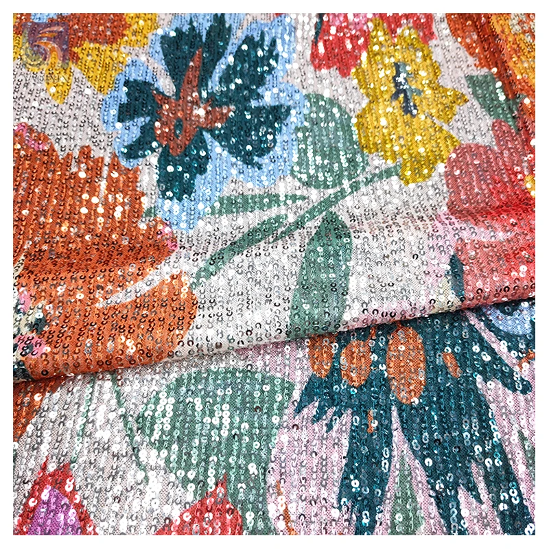 OEM&ODM Custom Colorful Flowers Printed Sequins Fabric Stripe 3mm Glitter Sequin Fabric for Woman Dress - 图片 5