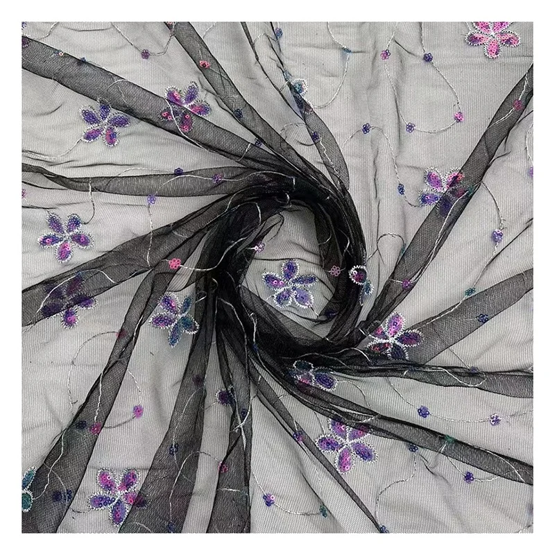 SCX001 Hot Selling Five Petal Flower Pink Sequin Fabric Embroidery Tulle Mesh Fabric Girl Clothing Fabric - 图片 4