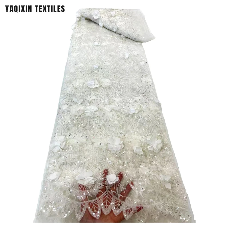 YX2256 High-End Luxury French Dress Lace Fabric Chiffon 3D Flower Pink Peach Glitter Sparkle Embroidered Tulle Lace Fabric - 图片 5