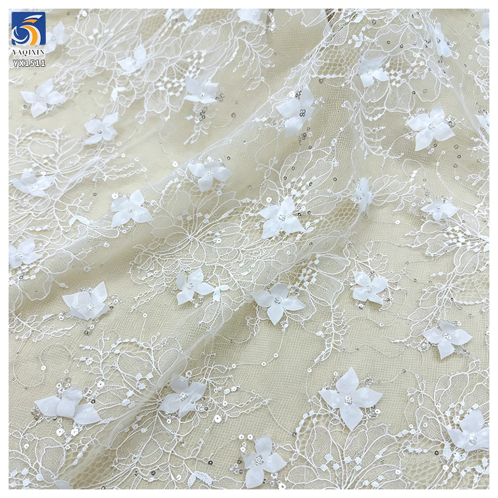 YX1511 3D Flower Embroidery Lace Fabric Floral Applique Mesh Lace Fabric With Sequins for Kids Dress Women Blouse - 图片 3
