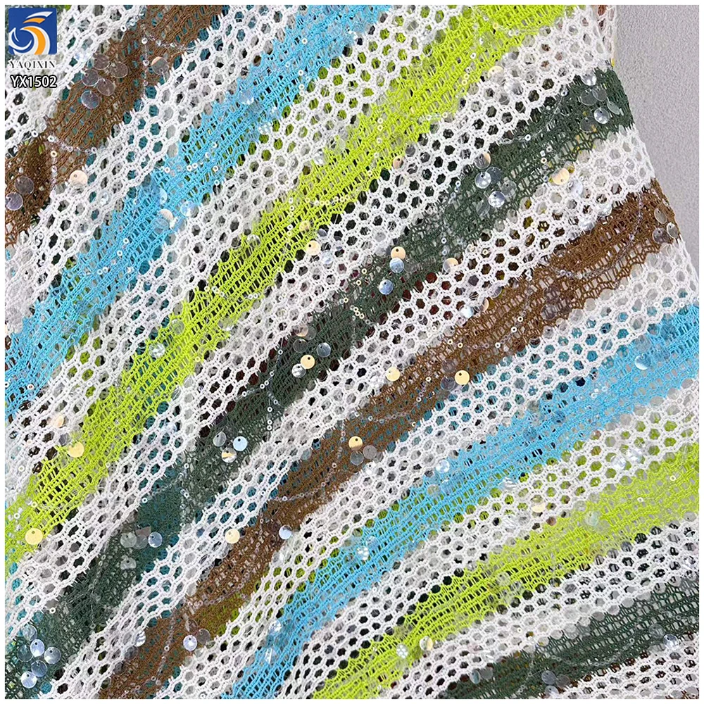 YX1502 270gsm Yarn Dyed Knitted Jacquard Sequin Fabric Boho Ethnic Openwork Mesh Fabric for Swimwear Cover up Women Blouse - 图片 2