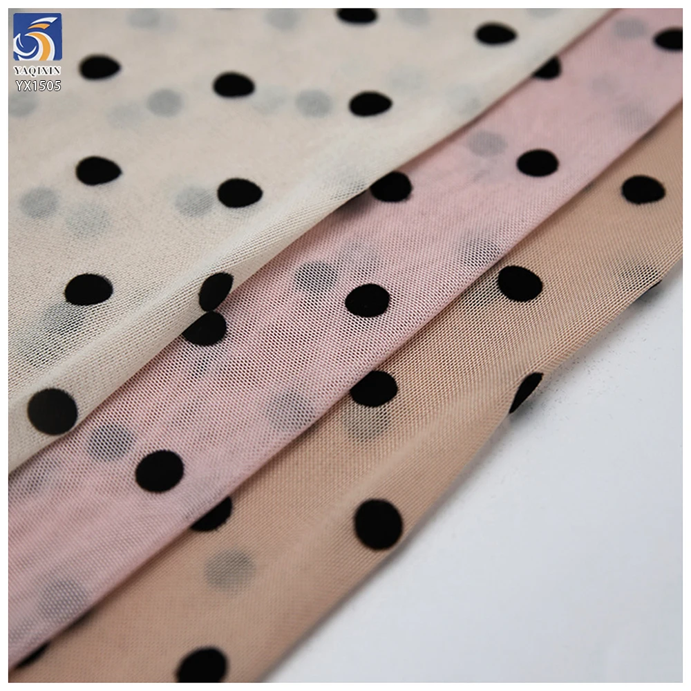YX1505 Beautiful Stretch Black Flocked Polka Dot Mesh Fabric 92 Polyester 8 Spandex 1cm Dot Tulle Fabric for Women Skirt Dress - 图片 3
