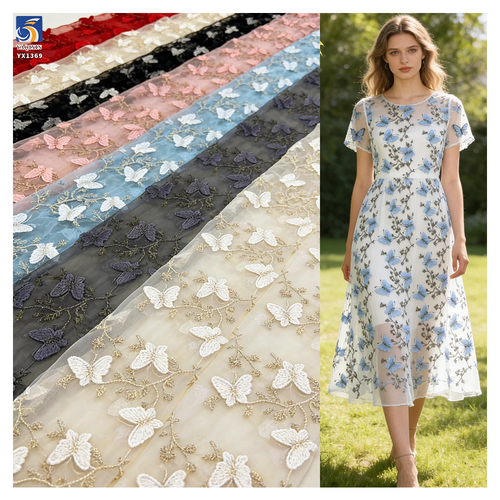 YX1369 New Product Launch 2026 Polyester Soft Tulle Mini 3D Embroidery Blue Butterflies Fabric Embroidered 3D Mesh Fabric