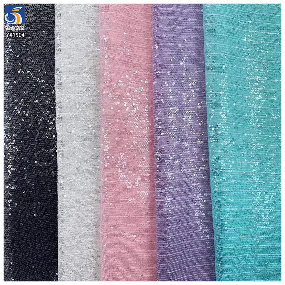 YX1504 Wholesale 100% Polyester Sequin Lace Fabric 180gsm Non Stretch 3mm Transparent Sequin Fabric for Dress Shirt - 图片 4